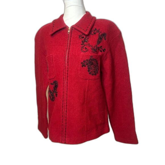 Conrad C Collection Boutique Red Floral Faux Zip Up Collar Sweater Womens - Picture 2 of 7